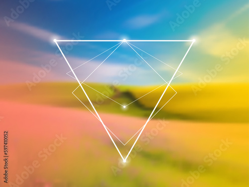 Sacred geometry spiritual new age futuristic illustration with transmutation interlocking circles, triangles and glowing particles