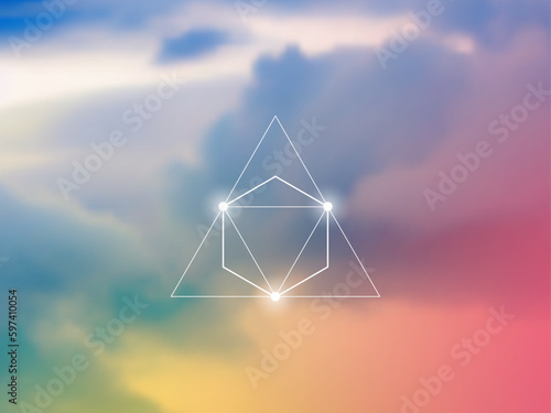 Sacred geometry spiritual new age futuristic illustration with transmutation interlocking circles, triangles and glowing particles