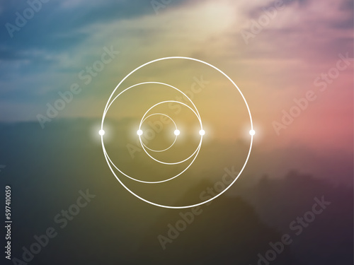 Sacred geometry spiritual new age futuristic illustration with transmutation interlocking circles, triangles and glowing particles