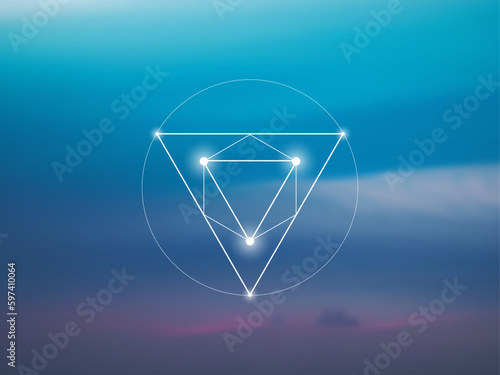 Sacred geometry spiritual new age futuristic illustration with transmutation interlocking circles, triangles and glowing particles