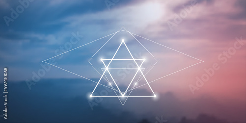 Sacred geometry spiritual new age futuristic illustration with transmutation interlocking circles, triangles and glowing particles