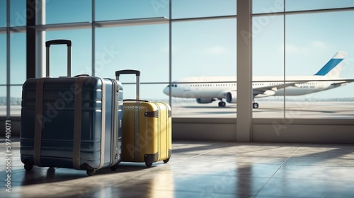 Suitcases in airport departure hall, airplane in background. Traveler suitcases in airport terminal waiting area, empty hall interior with large windows, focus on suitcases. Generative AI 