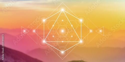 Merkaba. Sacred geometry spiritual new age futuristic illustration with transmutation interlocking circles, triangles and glowing particles