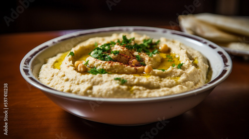 Hummus popular Middle Eastern dip made of chickpeas. Generative AI image