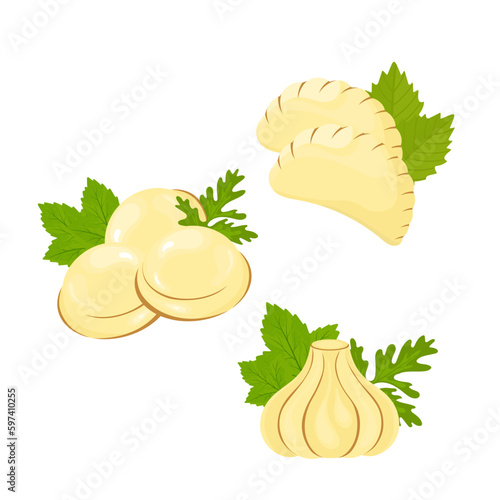 Dumplings, vareniki and khinkali with greens. Vector set