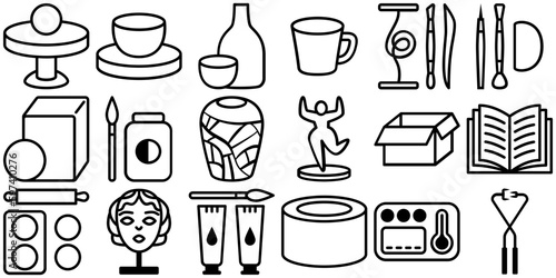 Icônes pictogrammes vecteurs, céramique poterie modelage, outils de sculpteur, artiste de la terre d'argile, création fait main unique, ressource graphique pour site internet et communication