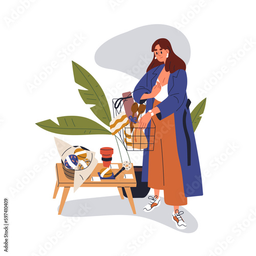 Woman customer in eco-friendly green store. Modern conscious girl buying organic natural products, cosmetics. Zero waste shopping concept. Flat vector illustration isolated on white background