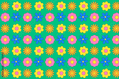 Cute seamless pattern ha green background with abstract colorful flowers vector background in the style of the 90s, 00s