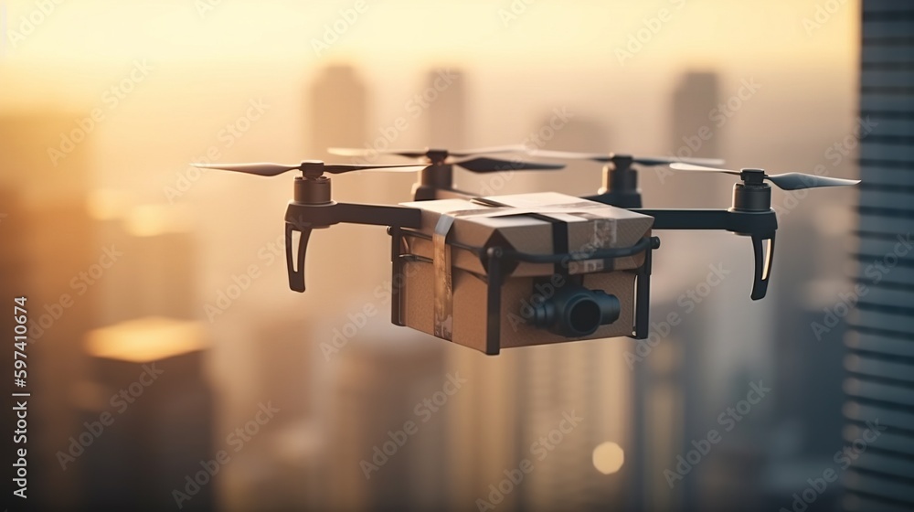 Drone with cardboard box in the sky. Shipping concept, wireless remote control parcel drones air delivery. Modern logistic system. Express shipping, business technology concept. Generative AI Drone with cardboard box in the sky. Shipping concept, wireless remote control parcel drones air delivery. Modern logistic system. Express shipping, business technology concept. Generative AI