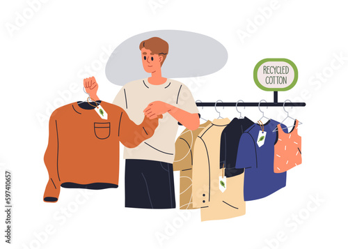 Eco clothes from recycled cotton fabric, zero waste textile, organic material. Sustainable slow fashion, conscious consumption, shopping concept. Flat vector illustration isolated on white background