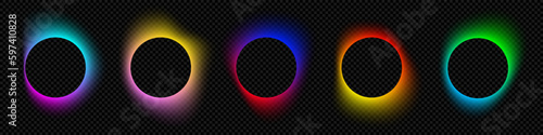 Color gradient circles, abstract neon light shape with color gradation on vector black background. Color blend mesh of chromatic gradient flow. Logo template