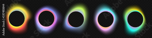 Color gradient circle backgrounds, abstract neon light shape with color gradation on vector black. Color blend mesh of holographic dynamic gradient flow or chromatic radiant transition. Logo template
