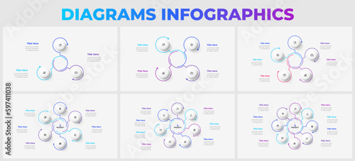 Set of infographic presentation slides. Round diagrams with circles and thin line arrows