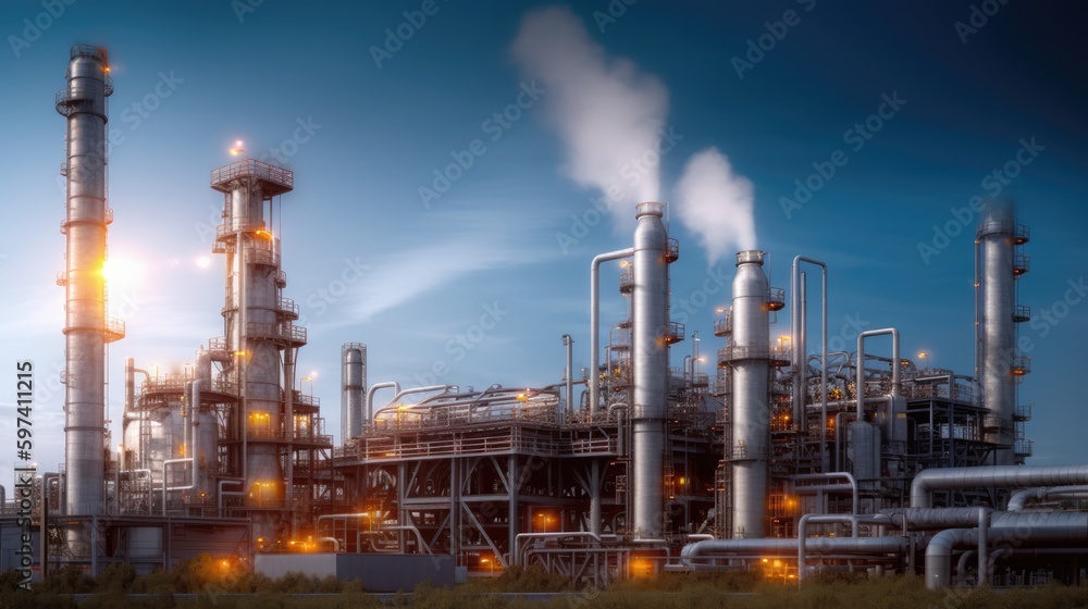 Remarkable Oil Refinery, Expansive Industrial Site, Cutting-Edge Processing Plant, Fossil Fuel Manufacturing, Energetic Industry Force, Generative AI Illustration