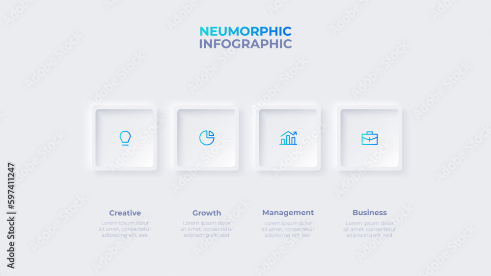 Light neumorphic horizontal progress diagram with 4 square elements. Infographic design template Light neumorphic horizontal progress diagram with 4 square elements. Infographic design template