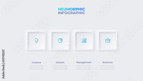 Light neumorphic horizontal progress diagram with 4 square elements. Infographic design template