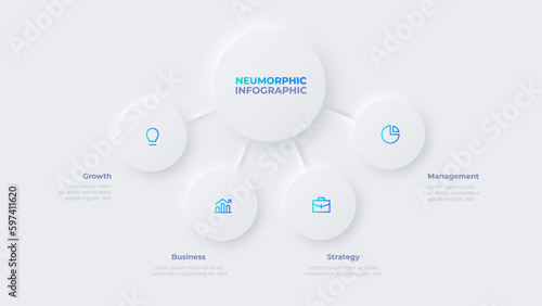 Light neumorphic infographic flowchart design template. Business data visualization with 4 options