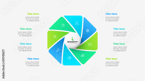 Octagon divided into 8 parts with central circle. Design concept of eight steps or parts of business cycle. Infographic design template