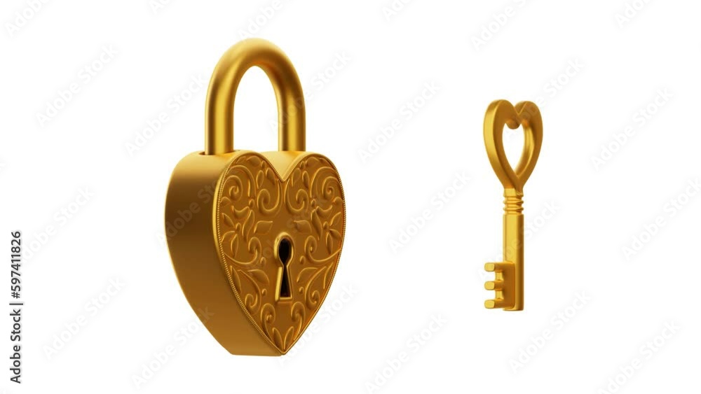Golden heart shape padlock with golden key rotating animation on white ...