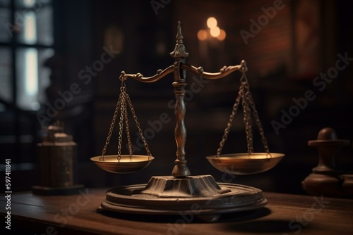 Justice scales in a dim court. Generative AI