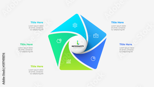 Pentagon divided into 5 parts with central circle. Design concept of five steps or parts of business cycle. Infographic design template