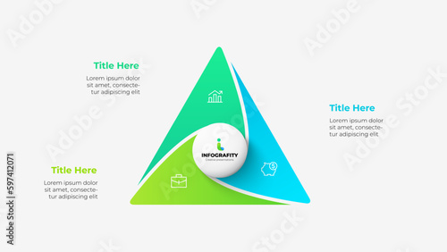 Triangle divided into 3 parts with central circle. Design concept of three steps or parts of business cycle. Infographic design template photo