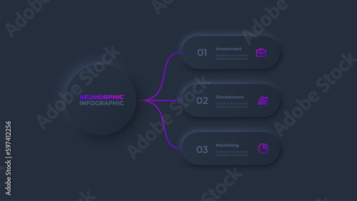 Dark neumorphic infographic flowchart design template. Business data visualization with 3 options