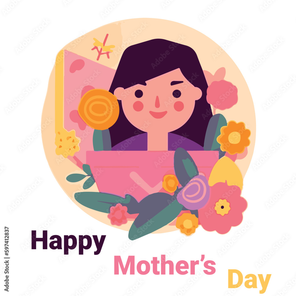 Vector flat design mother received gifts with flower and yellow background isolated on white. Happy mother's day celebrate. Best for greeting cards, banner, slide, poster and more Vector flat design mother received gifts with flower and yellow background isolated on white. Happy mother's day celebrate. Best for greeting cards, banner, slide, poster and more
