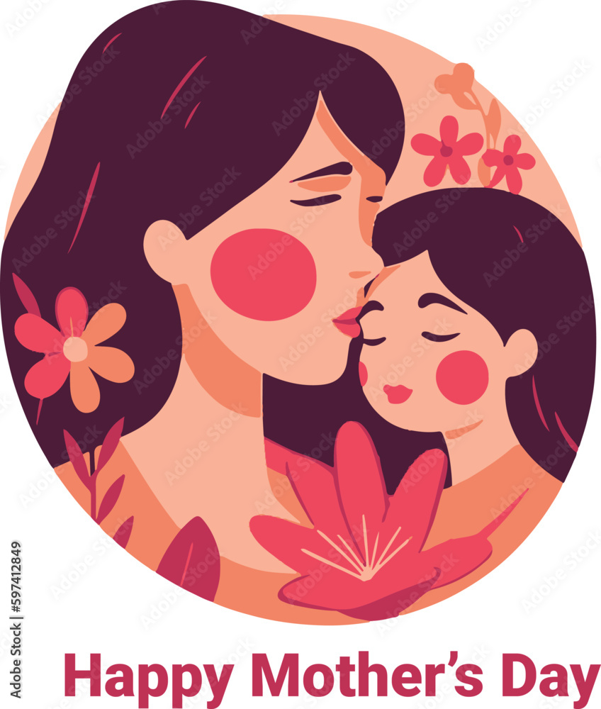 Vector flat design mother hug his children with flower and pink background isolated on white. Happy mother day. Bes for banner, slide, greetings card, poster and more Vector flat design mother hug his children with flower and pink background isolated on white. Happy mother day. Bes for banner, slide, greetings card, poster and more