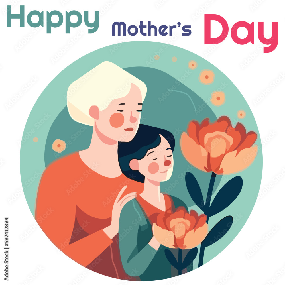 Vector mother and girl with pink flower and green background isolated on white. happy mother day celebrate. best for greeting card, banner, and more Vector mother and girl with pink flower and green background isolated on white. happy mother day celebrate. best for greeting card, banner, and more