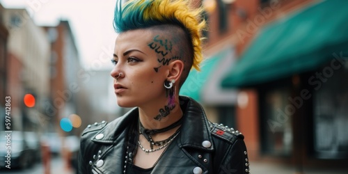 A woman with a mohawk and tattoos on her head. AI generative image. photo