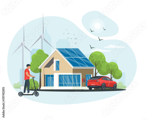 Clean green energy from renewable sources concept. A young man rides an electric scooter near an ecological modern house with windmills and solar energy panels, electric car. Vector illustration.