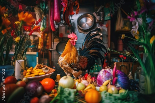 Stampa su tela A rooster standing next to a pile of fruit and vegetables