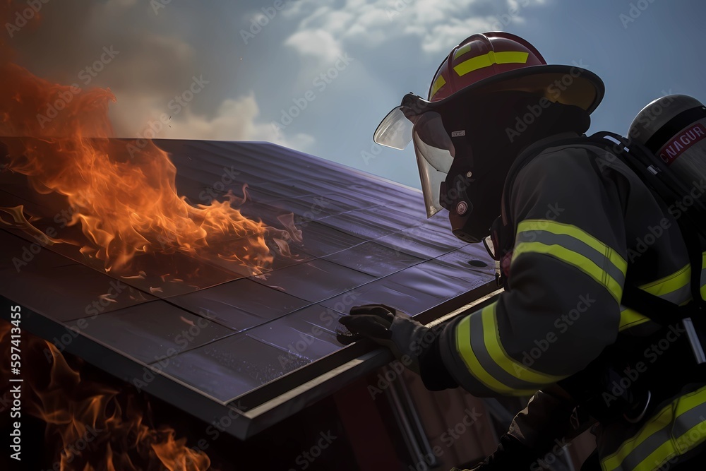 Fototapeta premium Solar panel on fire being put out by a firefighter. Significant trouble. Generative Ai t Generative Ai