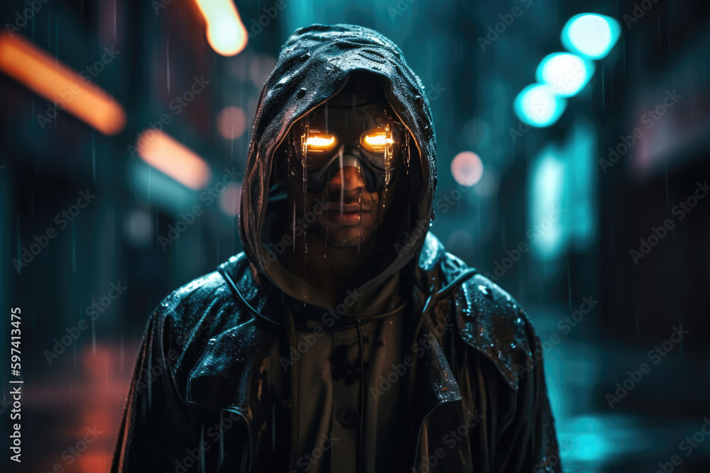 Man with robot eyes stands in a rainy city street at night Man with robot eyes stands in a rainy city street at night