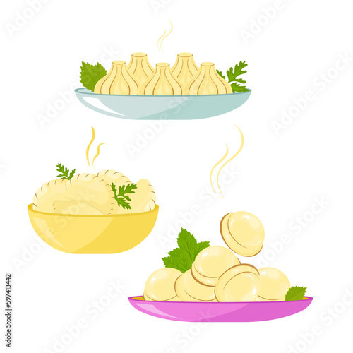 Dumplings, dumplings and khinkali with greens in a plate. Vector set