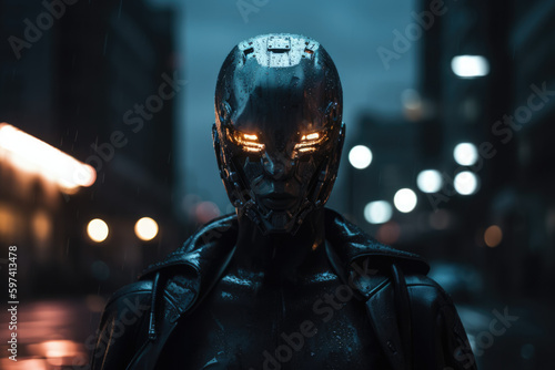 Cyborg robot stands in a city street at night photo