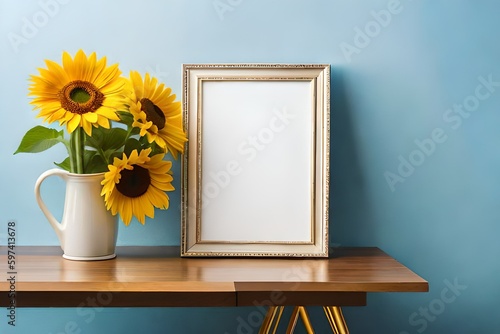 Blank photo frame with sunflowers bouquet in vase isolated on pastel blue background
