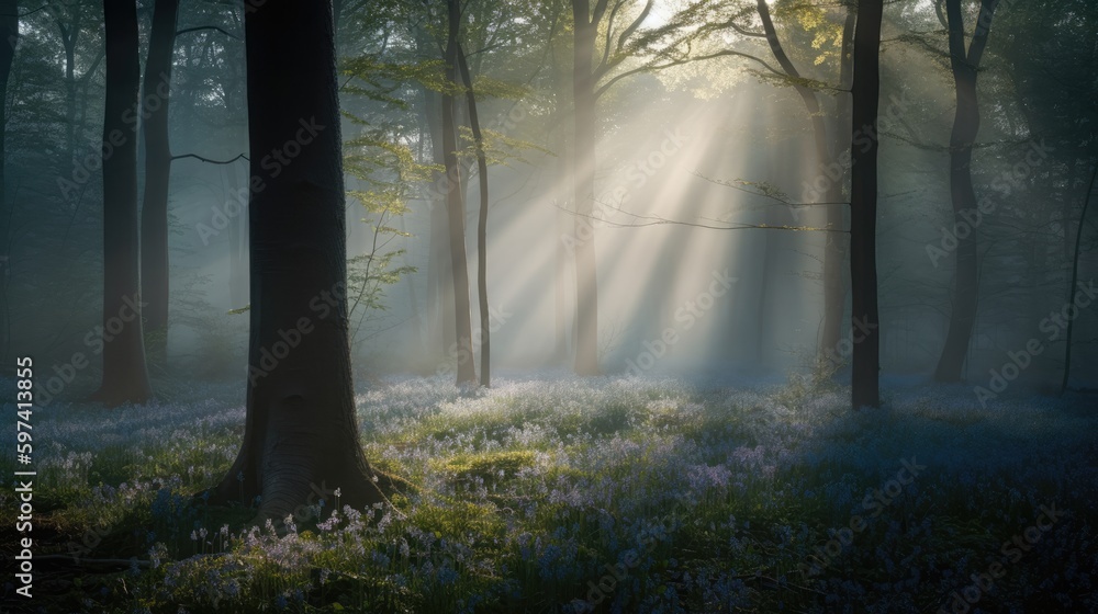 Magical Bluebell Forest, Dawn Mist, Soft Blue and Bronze Tones, Tranquil Forest Ambiance, Enchanting Springtime Splendor, Generative AI Illustration