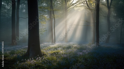 Magical Bluebell Forest  Dawn Mist  Soft Blue and Bronze Tones  Tranquil Forest Ambiance  Enchanting Springtime Splendor  Generative AI Illustration