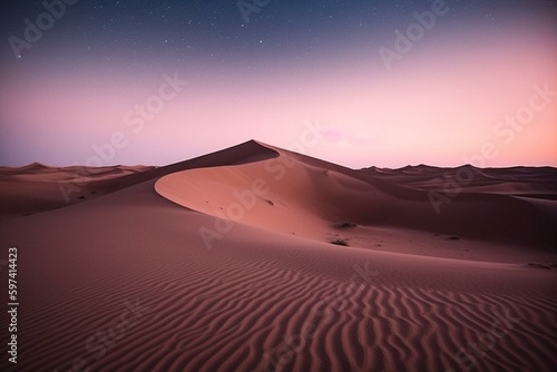 Tranquil sand dunes at dusk beneath a gradient pink starry sky. Generative AI
