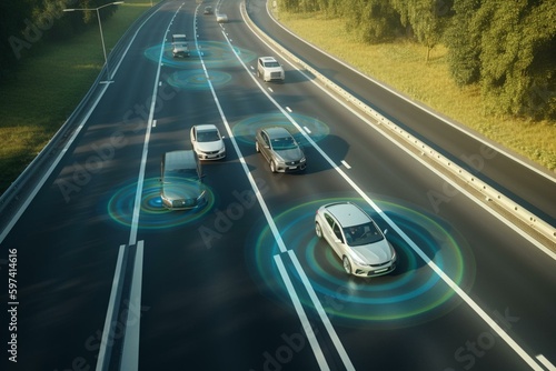Top down drone view of autonomous car on city highway overtaking cars while AI sensors scan road ahead for vehicles and speed limits. Generative AI photo