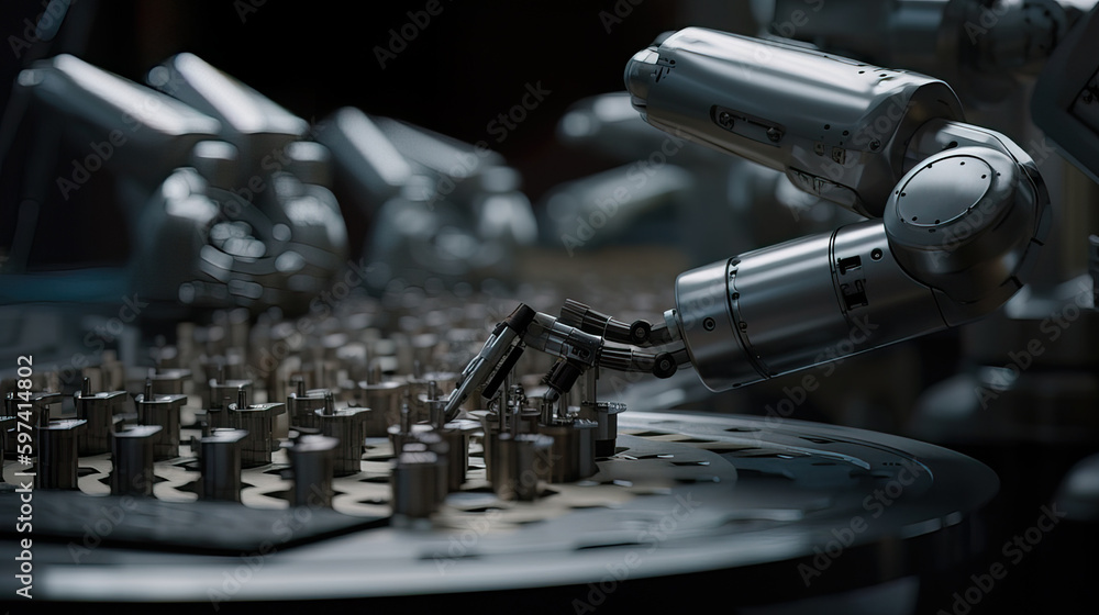 Fototapeta premium State-of-the-art robotic arm assembling intricate components in cutting-edge factory