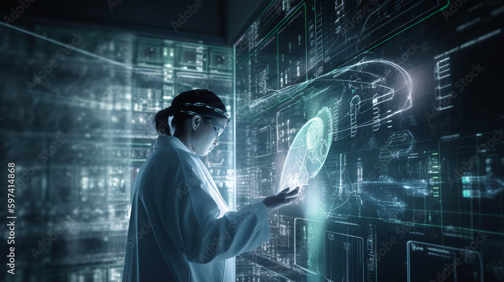 Fototapeta premium Doctor with virtual documents healthcare network connection concept, generative A