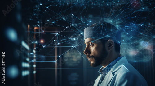 Doctor with virtual documents healthcare network connection concept, generative A
