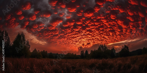 Rote furchteinflößende Mammatus Wolken am Himmel, ai generativ photo
