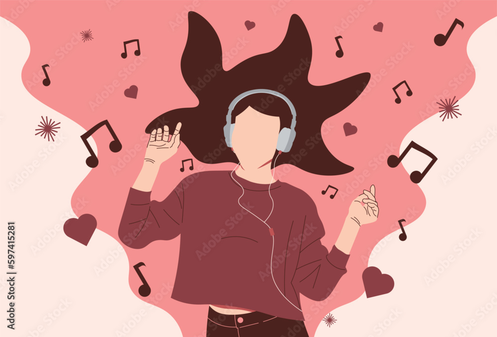 Obraz premium Teenager Woman Listening the Music with Headphone Flat Character suitable for background and illustration
