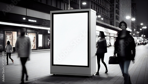Empty space advertisement board, blank white signboard on roadside in city. Blank billboard in city in night time with people. Generative ai.