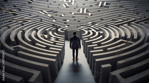 illustration of man in business suit lost in labyrinth and looking for an exit. Generative ai.