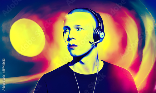 ai-generated, illustration of a male wearing headphones listening to music 